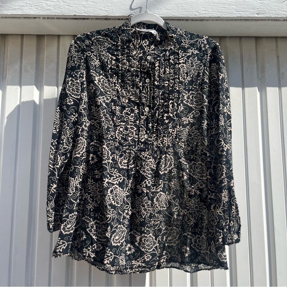 ISABEL MARANT ETOILE black semi sheer floral cotton pleated long‎ sleeve blouse